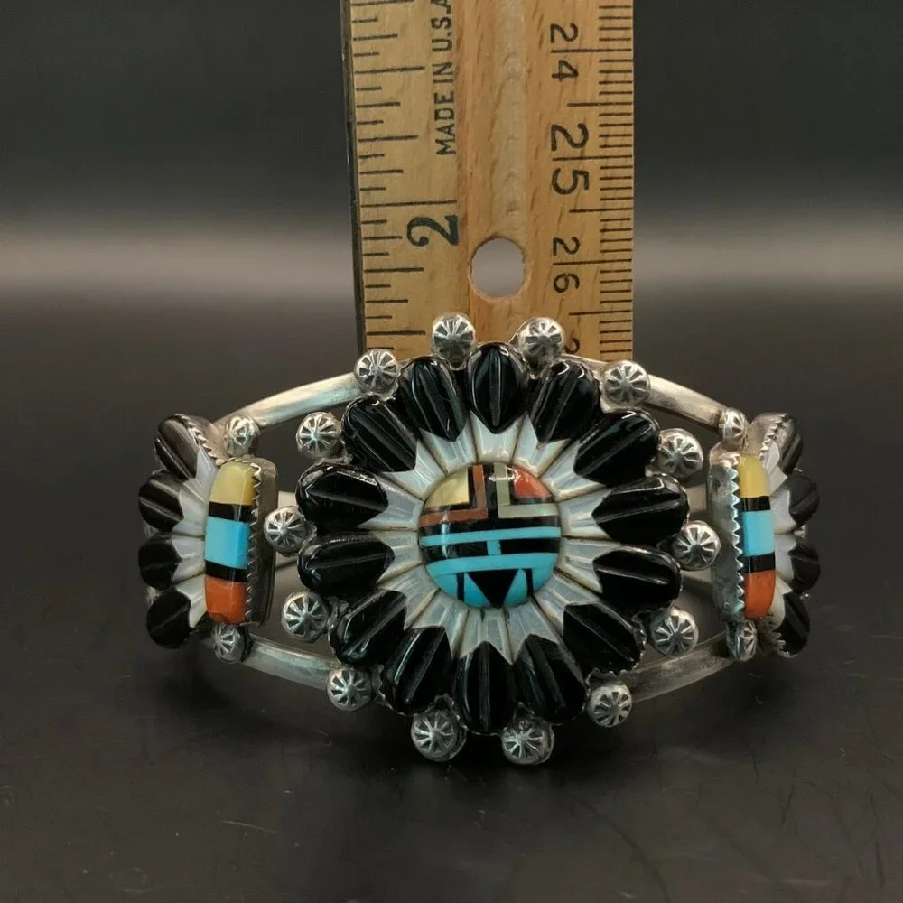 Zuni Sunface Sun Face Gemstone Inlay Cuff Bracelet Southwest Native American